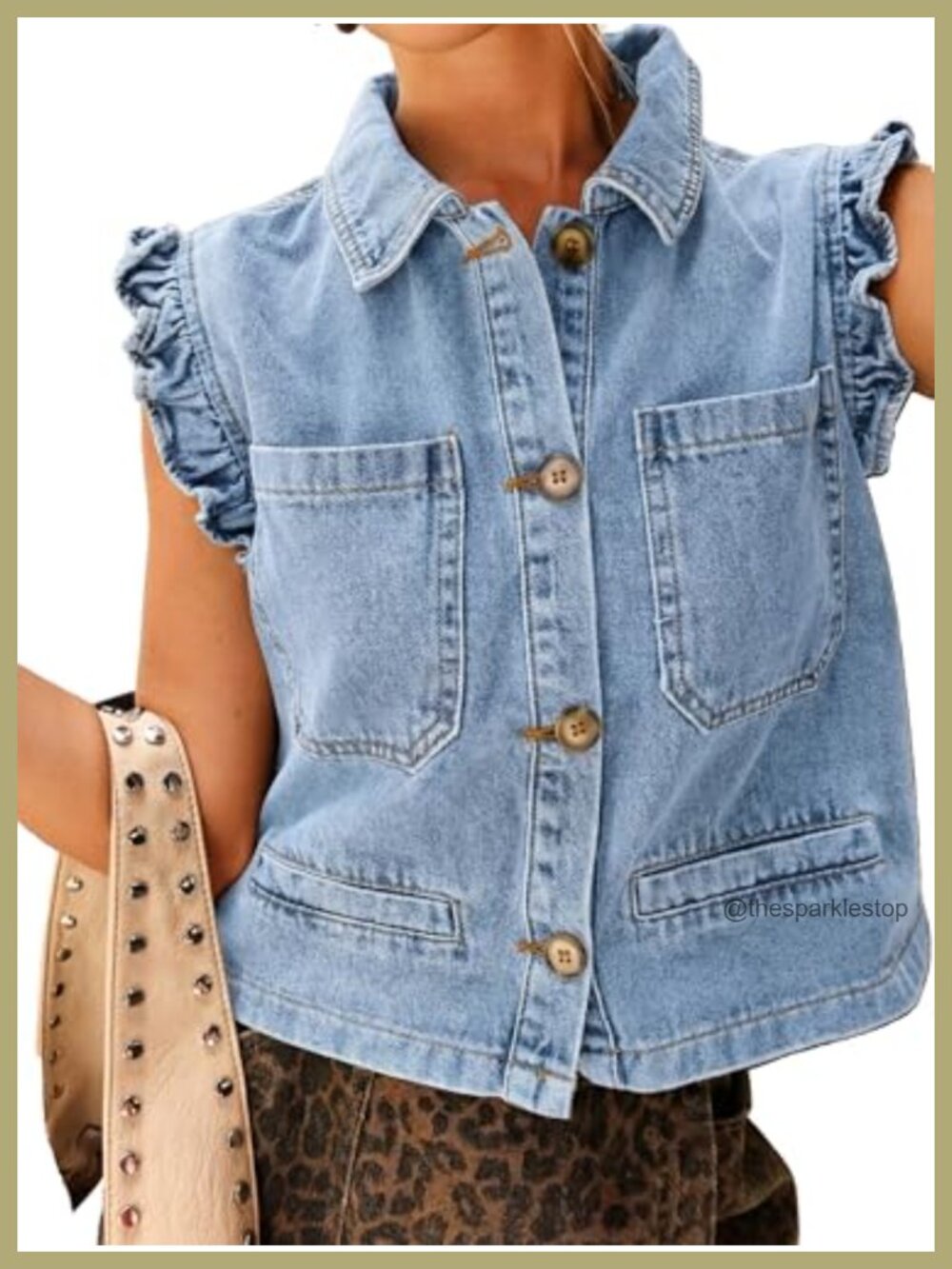 Denim Vest Sleeveless Ruffle Cuffed Cropped Jacket Women Casual Layer